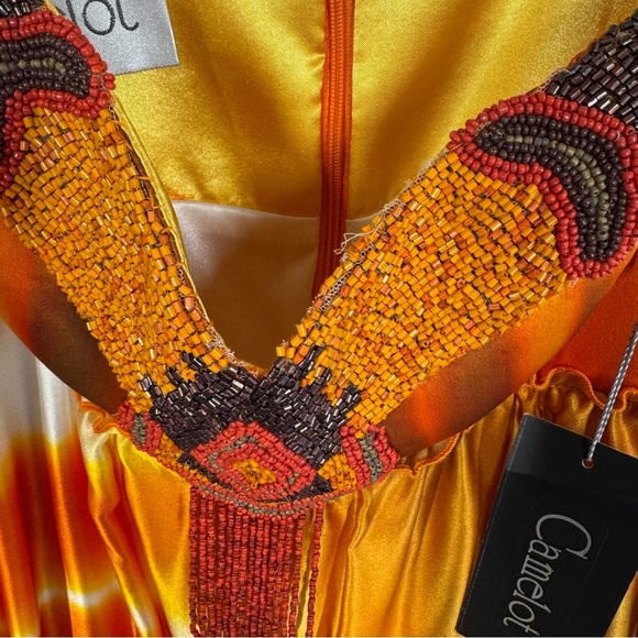 Camelot Orange 100% Silk Maxi Dress Beaded Bodice Size S Formal Evening Gown - Picture 5 of 16